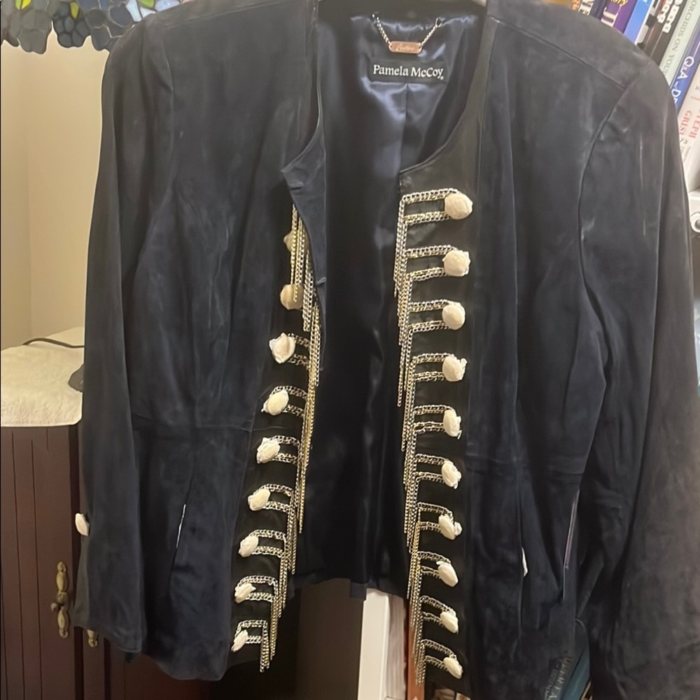 Pamela McCoy Elegant Navy Suede jacket The details are in the hardware